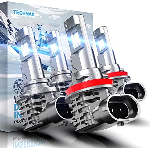 TECHMAX 9005 H11 LED Bulbs Combo, HB3 H8 H9 Windless Direct Insertion 20000LM 6500K Xenon White Kit of 4 Halogen Replacement