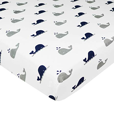 American Baby Company Printed 100% Natural Cotton Value Jersey Knit Fitted Pack N Play Playard Sheet, Navy Whale, Soft Breathable, for Boys and Girls