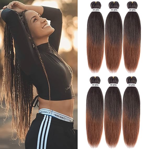 Pre Stretched Braiding Hair 22 Inch 6 Packs Professional Soft Yaki braiding Hair For Braids Hot Water Setting Synthetic Crochet Hair Extensions (22 Inch (Pack of 6), T1b/30)