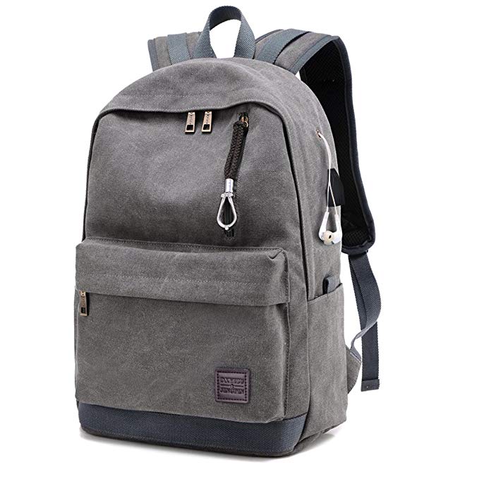 Backpack Canvas Men Male Backpacks Hoperay College Student School Bags for Teenagers Vintage Mochila Casual Travel Daypack Laptop Backpacks with USB Charging Port Fit 15inch Laptop (Grey)