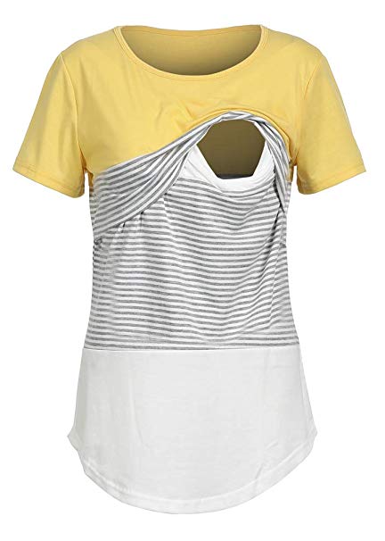 Pinleck Women's Maternity Lace Striped Nursing Tops Short/Long Sleeve Stitching Breastfeeding T-Shirt