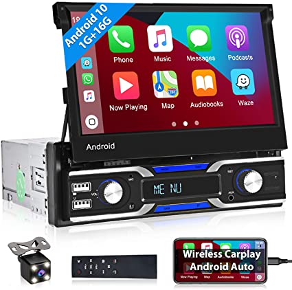 Wireless Apple Carplay Android Auto Single Din Stereo, Hikity 7 inch Flip Out Touch Screen Android Car Stereo with GPS Navigation Backup Camera Bluetooth Car Radio