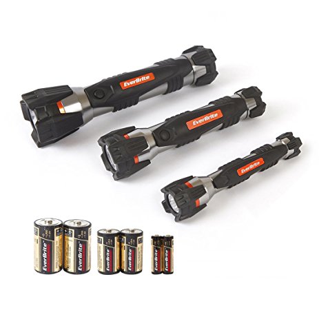 EverBrite Led Flashlight Set 3-Pack Aluminum Rubberized Anti-Shock Handheld Torches (2 C-Cell, 2 D-Cell, 2 AA-Cell)