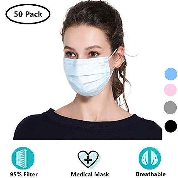 Cshopping Surgical Disposable Face Masks, Respirator Mouth Mask Medicom Safety Cover, Protective Safe Mask with Elastic Ear Loop, Block Dust Air Pollution Flu-50 Pieces