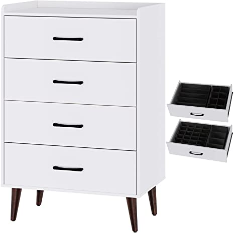 Rolanstar Drawer Dresser with 4 Wood Drawers, Storage Dresser with 4 Set Foldable Drawer Dividers, Rustic Chest of Drawer Bedroom Organizer with Anti-Tipping Device, White