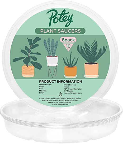 POTEY Plant Saucers 10 inch - 8 Pack of Clear Plastic Plant Drip Trays for Indoors & Outdoor Plants or Flower Planter Pots