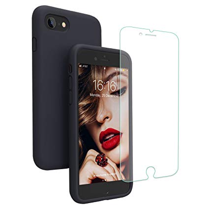 JASBON iPhone 8 Case, iPhone 7 Case, Liquide Silicone Phone Case with Free Tempered Screen Gel Rubber Soft Touch Cover Full Protective Case for iPhone 8 iPhone 7 - Black