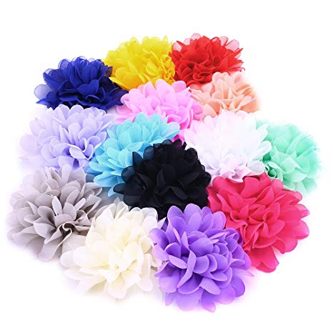 Fabric Flowers, 4 Inch 14Pcs Lace Chiffon Peony Fabric Flowers for DIY Headbands Girl Flower Accessories