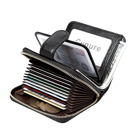 Women's 16 Card Slots Card Holder Full Grain Leather Compact Wallet with ID Window