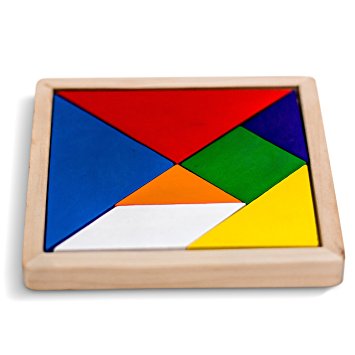 GrowUpSmart Wooden Tangram Puzzle Game, Rainbow Colored, 5.5" L