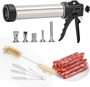 Jillmo Jerky Gun, Stainless Steel Jerky Maker, Jerky Gun Kit with 5 Stainless Steel Nozzles and 5 Cleaning Brushes