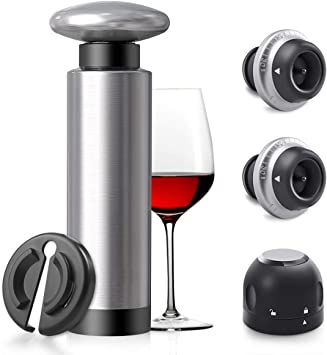 Wine Saver Vacuum Pump with 2 Wine Stoppers, 1 Champagne Stopper, 1 Wine Foil Cutter, Wine Preserver with Time Scale Record , Stainless Steel，Keeps Wine Fresh (wine saver kit 1)