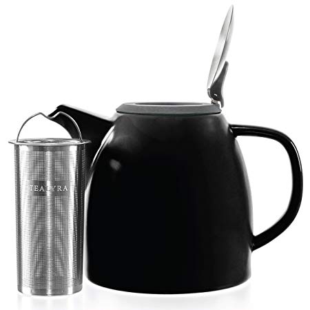 Tealyra - Drago Ceramic Teapot Black - 37oz (4-6 cups) - Large Stylish Teapot with Stainless Steel Lid Extra-Fine Infuser To Brew Loose Leaf Tea - Leed-Free - 1100ml