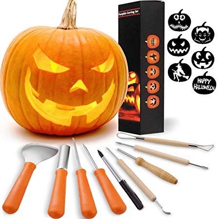 Halloween Pumpkin Carving Sets, 8 Pack Pumpkin Carving Kits and 1 Pen with 6 Carving Stencils DIY Jack-O-Lantern Pumpkin Carving Tools for Halloween Party Decoration