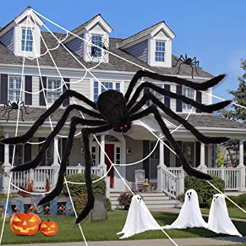 FLY2SKY 79" Halloween Spider Decorations   275" Spider Web, Triangular Giant Spider Web with a Huge Fake Spider for Indoor Outdoor Halloween Decorations Yard Garden Lawn Home Haunted House Party Décor