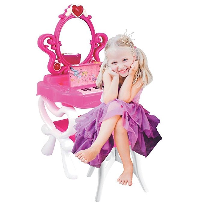 2-in-1 Pretend Play Vanity Set Table w/ Working Piano Beauty Set for Girls w/ Toy Makeup Cosmetics Accessories, Toy Hair Dryer, Keyboard, Flashing Lights, Image of Princess Appears in Mirror