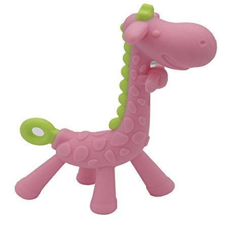 Baby Teether Pain Relief Toys & Super Soft Silicone Sensory Chew Molar Teething Toy And Tail Ring Desgin For Infant Toddler (Pink Giraffe)