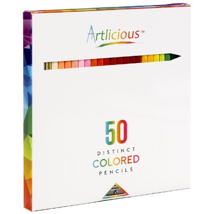 Artlicious - 50 Premium Distinct Colored Pencils for Adult Coloring Books - Bonus Sharpener - Color Names on Pencils