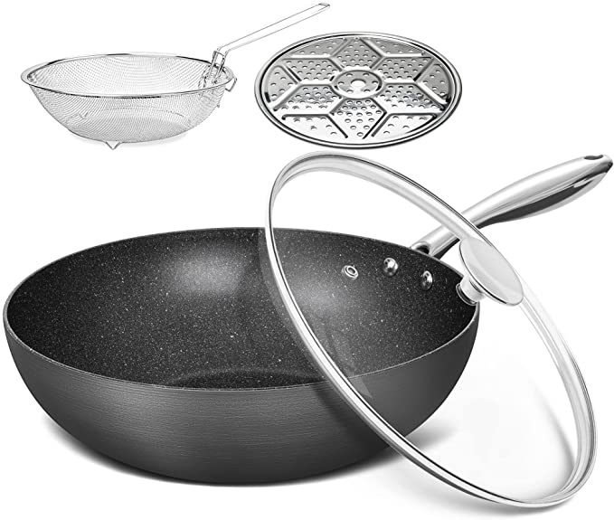 MICHELANGELO Woks and Stir Fry Pans with Lid, Hard Anodized Wok Pan, Nonstick Wok with Lid, Flat Bottom Wok 12 Inch, Induction Wok Pan with Lid, Large Wok with Steamer Rack & Fry Basket, Cooking Wok Set - 3.5 Quart