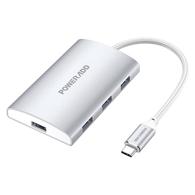 USB C Hub, Poweradd USB C Adapter 3.0 with USB C Power Delivery Port, 4-Port Aluminum Type C Hub High Transfer Speed for Mac, PC, USB Flash Drives and Other Devices - Silver