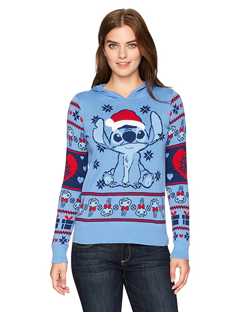Hybrid Apparel Women's Santa Stitch Pompom Hoodie Holiday Sweater