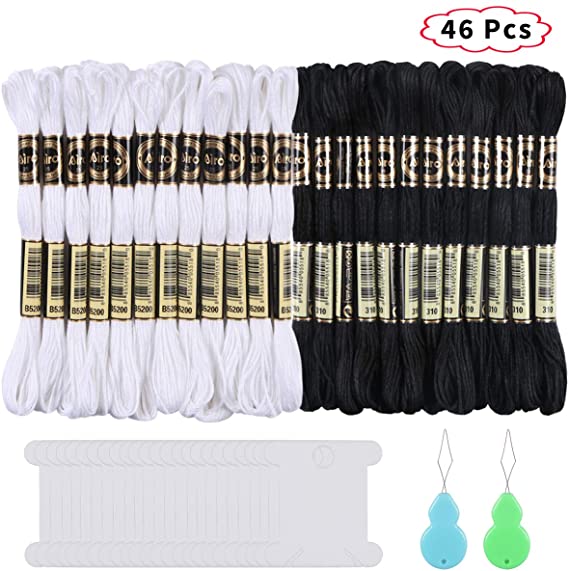 24 Skeins Cross Stitch Threads, Kissbuty Black and White Cotton Embroidery Floss Friendship Bracelets Floss with 20 Pcs Floss Bobbins and 2 Pcs Needle Threaders for Knitting, Cross Stitch Project