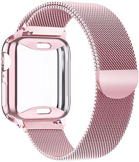 KEOLUS Compatible for Apple Watch Band 38mm 40mm 42mm 44mm with Screen Protector, Soft TPU Protective Case with Stainless Steel Mesh Loop Replacement for iWatch Band Series 5 4 3 2 1