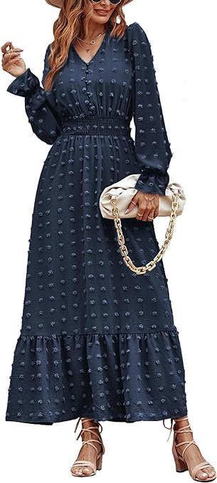 MASCOMODA Women Boho Maxi Dress 2023 Long Sleeve V Neck Swiss Dot Smocked High Waisted A-Line Ruffle Tiered Fall Long Dress