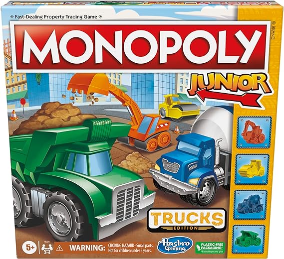 Monopoly Junior: Trucks Edition Board Game, Monopoly Game for Kids Ages 5 , Kids Board Games for 2-4 Players, Kids Games, Kids Gifts (Amazon Exclusive)