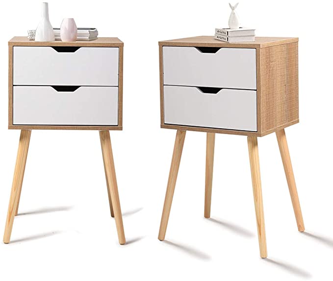 JAXSUNNY Set of 2 Nightstand Accent Bedside End Table Storage Wood Cabinet Bedroom w/2 Drawers,White&Walnut,28 Inch Tall