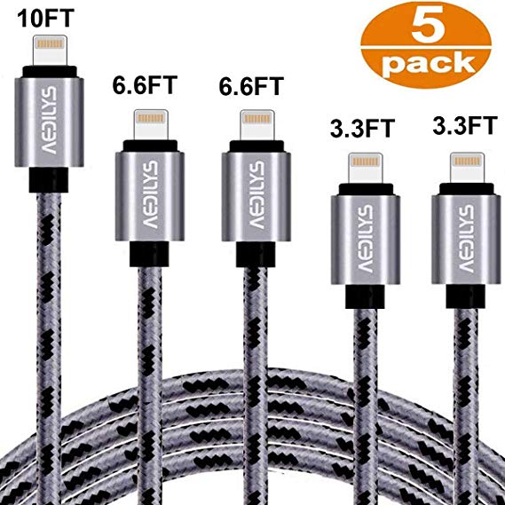 Charger Cables, 5Pack [10FT 6.6FT 6.6FT 3.3FT 3.3FT] Extra Long Nylon Braided USB Charging&Syncing Cord Compatible with Phone Xs Max/XS/XR/7/7Plus/X/8/8Plus/6S/6S Plus/SE