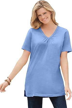 Woman Within Women's Plus Size Perfect Short-Sleeve Shirred V-Neck Tunic