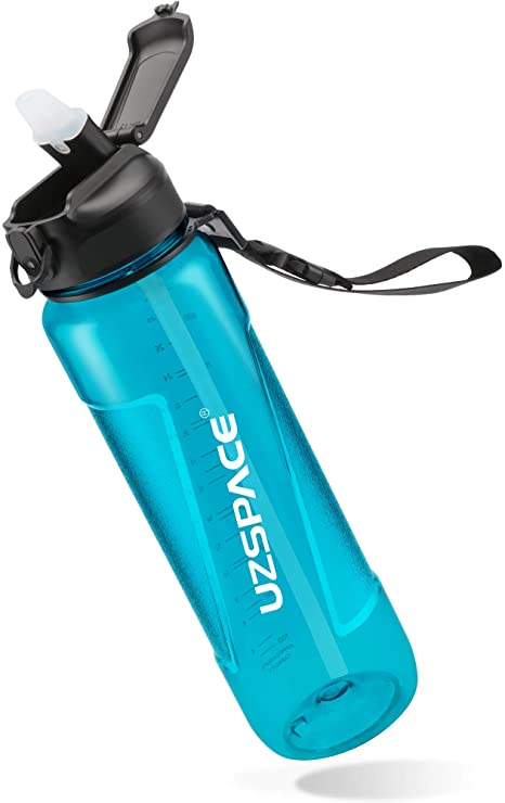 UZSPACE Sports Water Bottle with Straw, 28oz/34oz/50oz BPA Free Plastic Water Bottle with Leak Proof Flip Top Lid, Light Weight and Portable with a Detachable Carry Strap