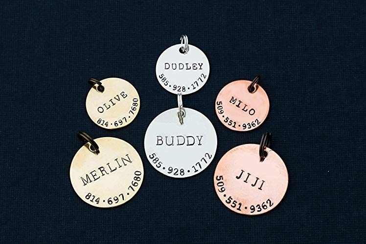 Dog ID Tag Pet Identification - DII ABC - Cat Collar Round Disc - Handstamped 1 1/8 7/8 Inch Discs – Lost New Puppy Kitten Identification – Change Name Phone - Fast 1 Day Shipping