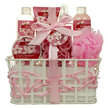Spa Gift Basket and Bath Set – Bath and Body Gift Set, Gift Box, Contains Loofah Bath Sponge, Bath Salts, Sensual Body Lotion, Rose Petals, Body Mist, Cherry Shower Gel And Bubble Bath
