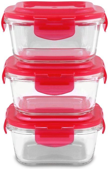 Glass Food Storage Container Set - Square - 520 ml - Red - BPA Free - FDA Approved - Reusable - Multipurpose Use for Home Kitchen or Restaurant - (3 Piece) - By Utopia Kitchen