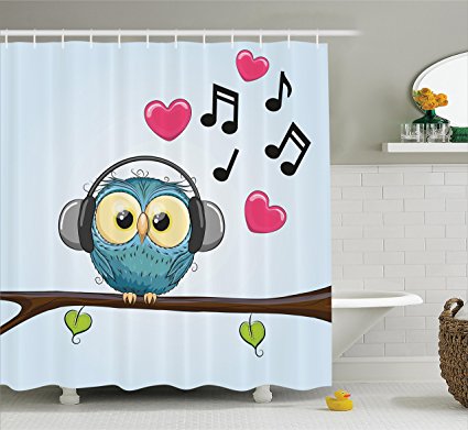 Ambesonne Music Decor Collection, Cute Cartoon Owl with Headphones Hearts Leaves Fashion Playful Jolly Fun Image, Polyester Fabric Bathroom Shower Curtain Set with Hooks, Blue Pink Black