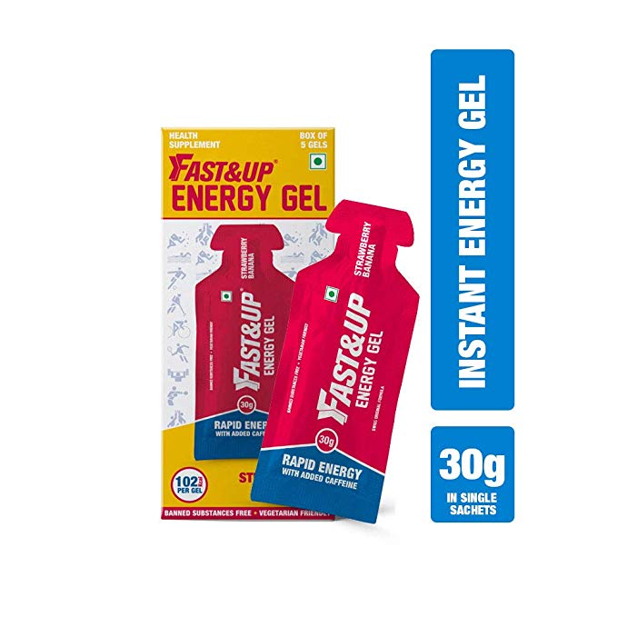 Fast&Up Energy Gel - Instant Energy - Nutrition Supplement - 30g Carbs With Maltodextrin - Vegan - Pack of 5 Gels - Strawberry Banana Flavour