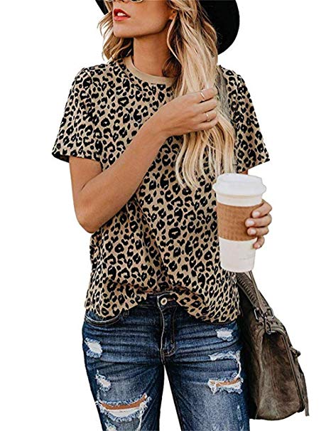 Women's Casual Blouses Summer Short Sleeve Tee Leopard Print Roundneck T-Shirt Tops
