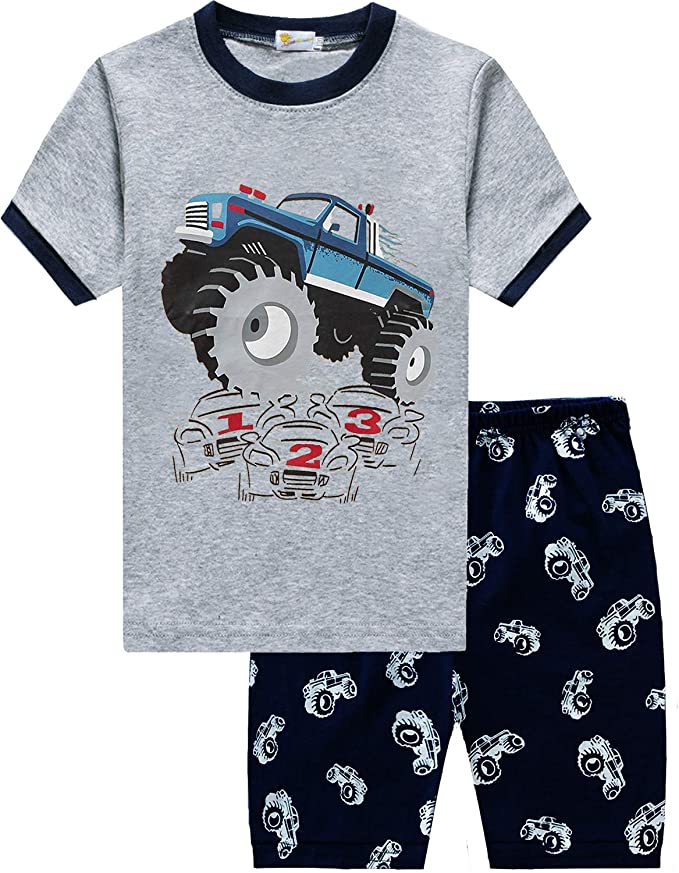 Toddler Boys Pajamas Monster Truck 100% Cotton Kids Summer Short Sets Sleepwear Clothes Set for 1-7 T