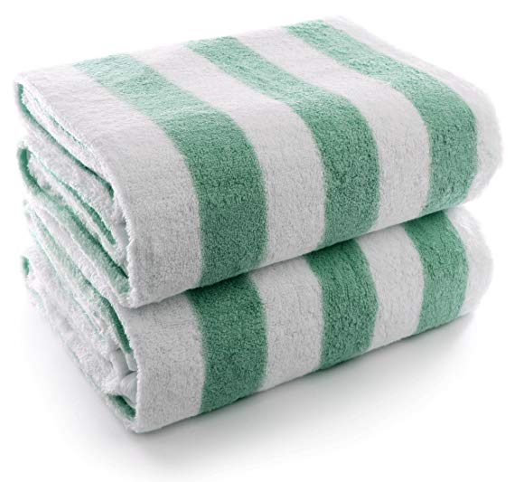 INDULGE Large Beach and Pool Towel, Cabana Stripe, 100% Turkish Cotton (30x60 inches, Green, Set of 2)