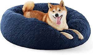 Bedsure Calming Dog Bed for Medium Dogs - Donut Washable Medium Pet Bed, 30 inches Anti-Slip Round Fluffy Plush Faux Fur Cat Bed, Fits up to 45 lbs Pets, Navy