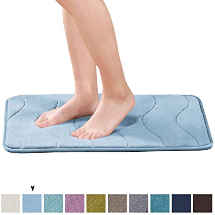 17" x 24" Microfiber Memory Foam Bath Rugs for Kitchen Solid Sky Blue Waved Pattern Super Cozy Machine Washable Non Slip Bath Mat Runner for Bedroom Soft Thick Large Area Rug, Pet Friendly, 1 Pack