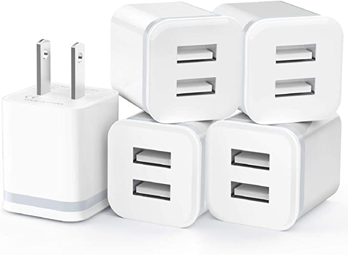 LUOATIP USB Wall Charger, 5-Pack 2.1A/5V Dual Port USB Cube Power Adapter Charger Plug Charging Block Replacement for iPhone Xs/XR/X, 8/7/6 Plus, Samsung, HTC, LG, Moto, Android Phones