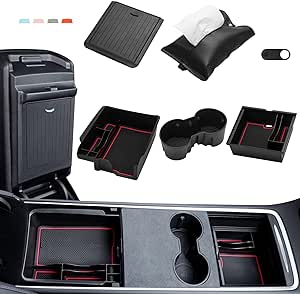 MoKo 6 Pack Center Console Organizer Tray, for Model 3 Model Y 2023 2022 2021, Armrest Storage Box, Hidden Magnetic Storage Box, Cup Holder, Webcam Cover, Tissue Holder, Black, Black