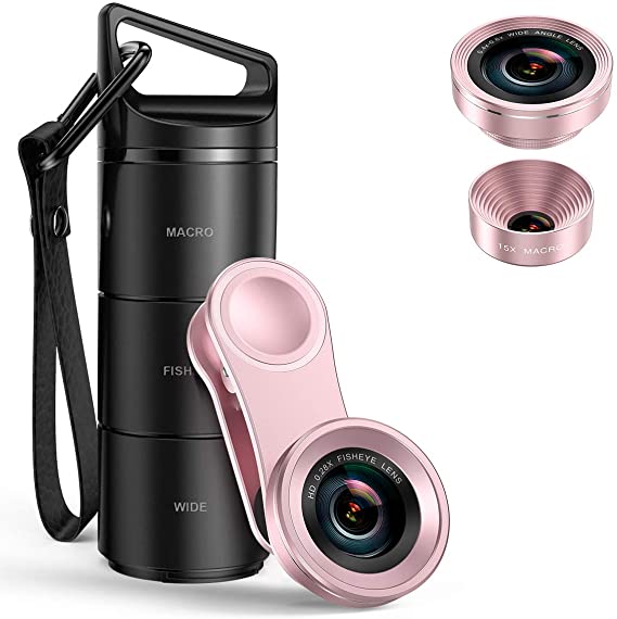 Criacr Phone Camera Lens, 3 in 1 Cell Phone Lens Kit for iPhone, Samsung, 180°Fisheye Lens, 0.6X Wide Angle Lens, 15X Macro Lens, for iPhone 7 Plus, 8, and Most Smartphones(Rose Gold)