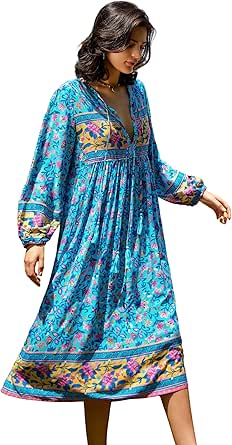 R.Vivimos Women's Long Sleeve Floral Print Retro V Neck Tassel Bohemian Midi Dresses