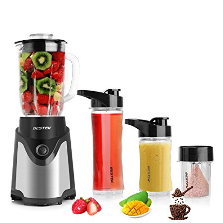 BESTEK BL15 Personal Blender and Coffee Grinder 2-in-1, Single Serve Smoothie Milk-shake Maker with 20oz Glass Jar, 2 BPA-Free Portable Bottles and Travel Lids (300W/Black)