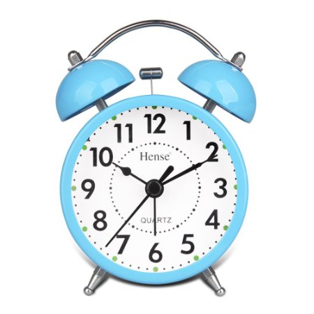 HENSE Classical Retro Twin Bell Mute Silent Quartz Movement Non Ticking Sweep Second Hand Bedside Desk Analog Alarm Clock with Nightlight and Loud Alarm HA01 (Blue)