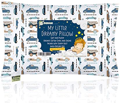 Toddler Pillow with Pillowcase - 13X18 Soft Organic Cotton Baby Pillows for Sleeping - Machine Washable - Toddlers, Kids, Infant - Perfect for Travel, Toddler Cot, Bed Set (Vroom)